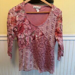 Dressbarn M Pink Floral Lace Top With 3/4 Sleeves Vintage 90s 2000s